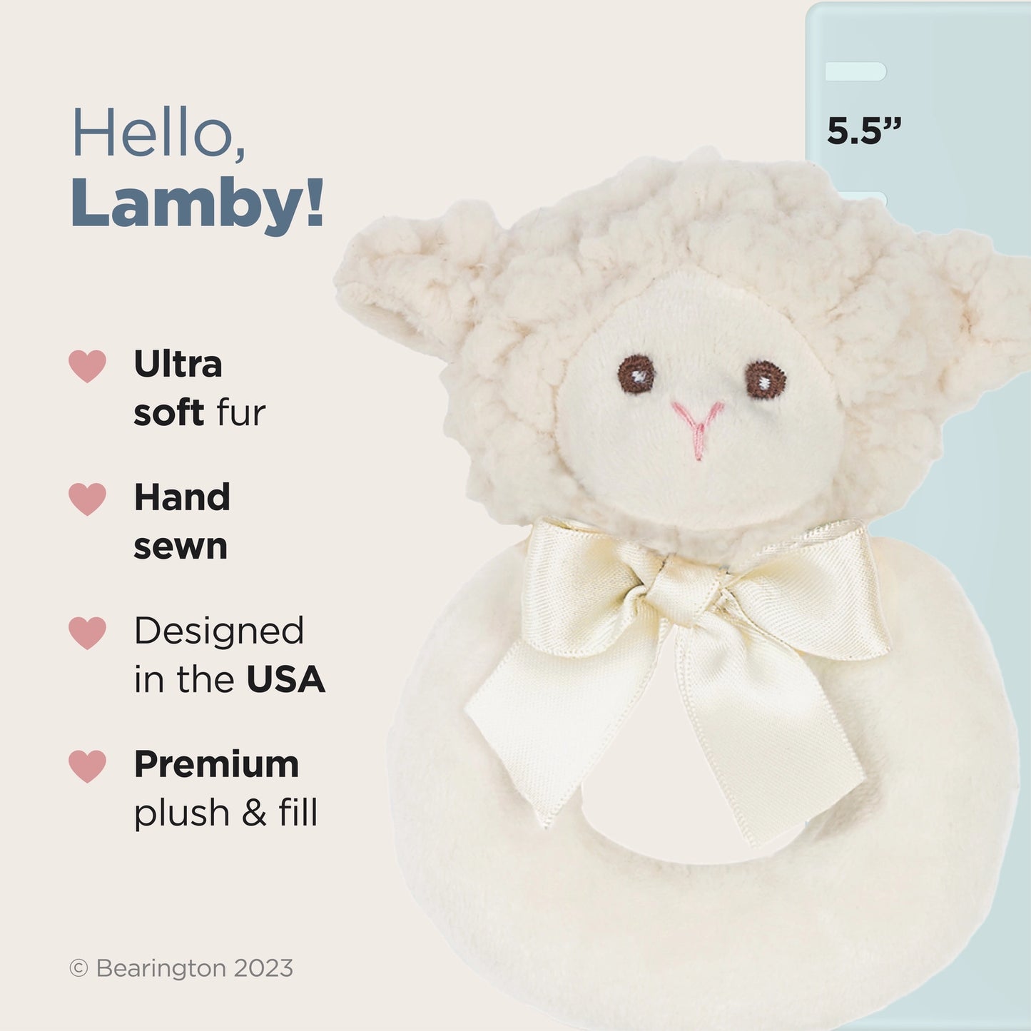 White plush little lamby lamb ring rattle with text highlighting features on a light blue background