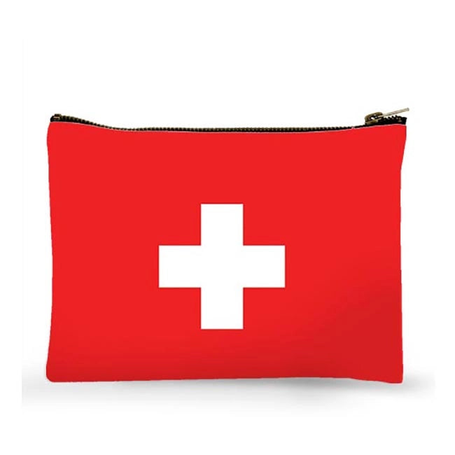 A red zippered pouch featuring a white first aid cross in the center, set against a plain white background.