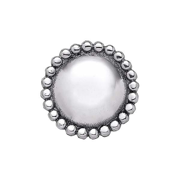 A round, silver-colored pearled napkin weight with a beaded edge design.