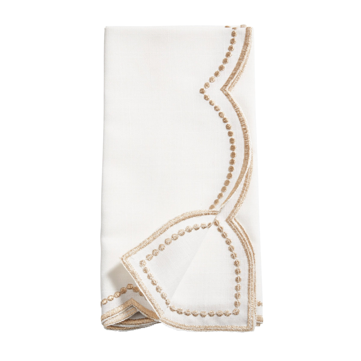 A white folded linen napkin with scalloped edges and gold beaded trim, shown on a solid white background.
