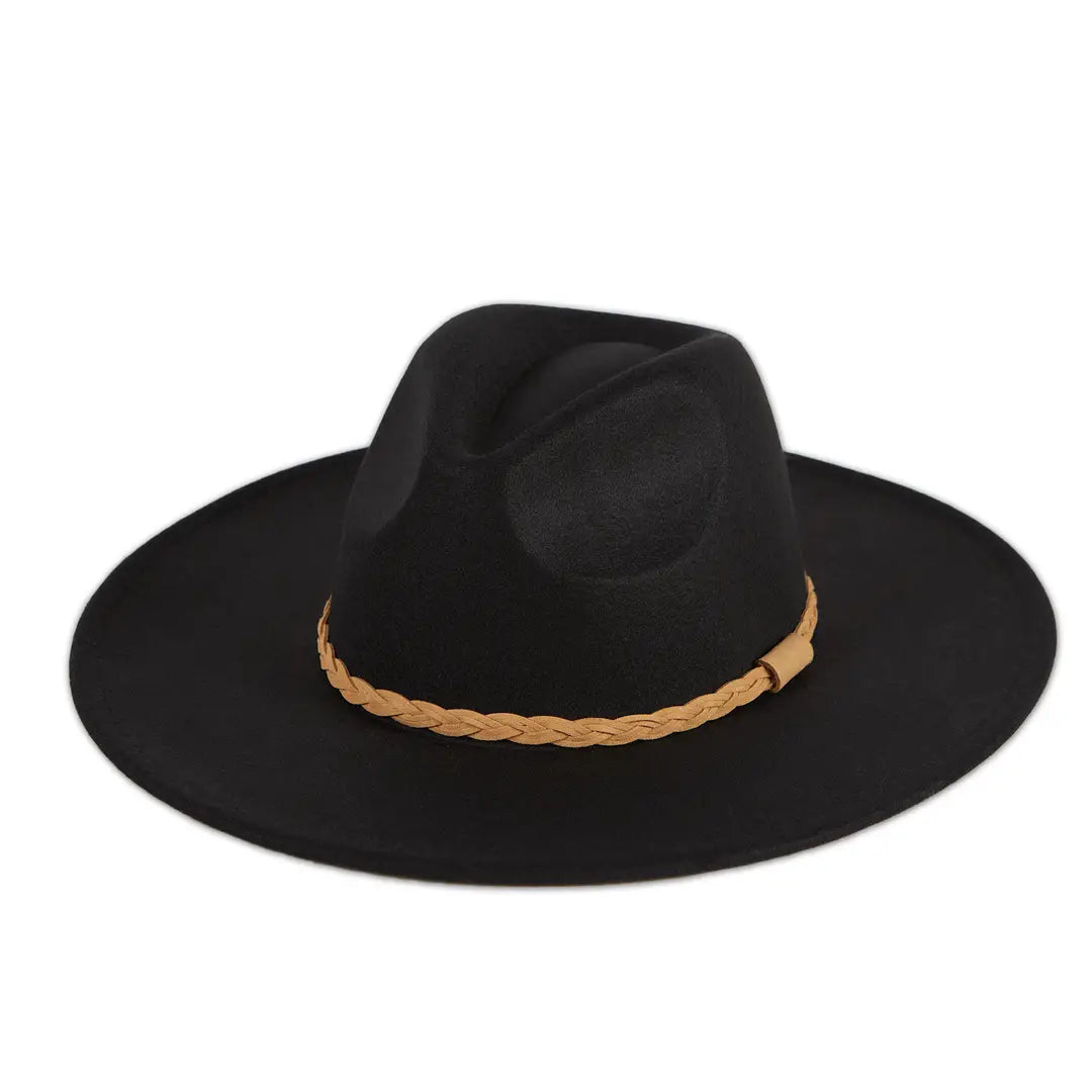 black fedora wide brim hat with a tan braided accent