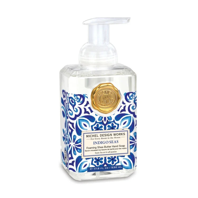 Foaming hand soap bottle with blue and white pattern and the name Indigo Seas on the label by Michel Design Works
