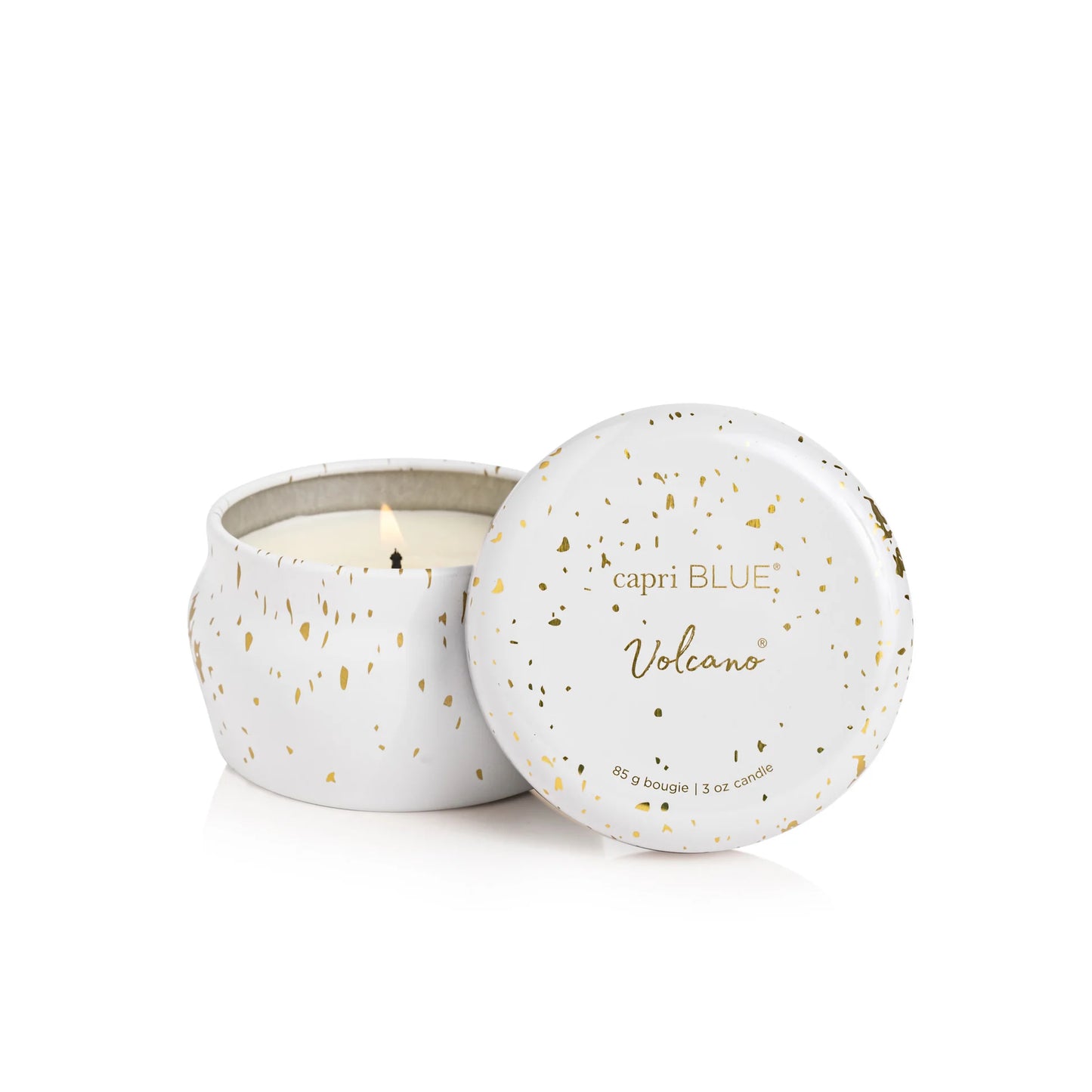 Capri Blue candle in a mini tin with gold speckles on a white background