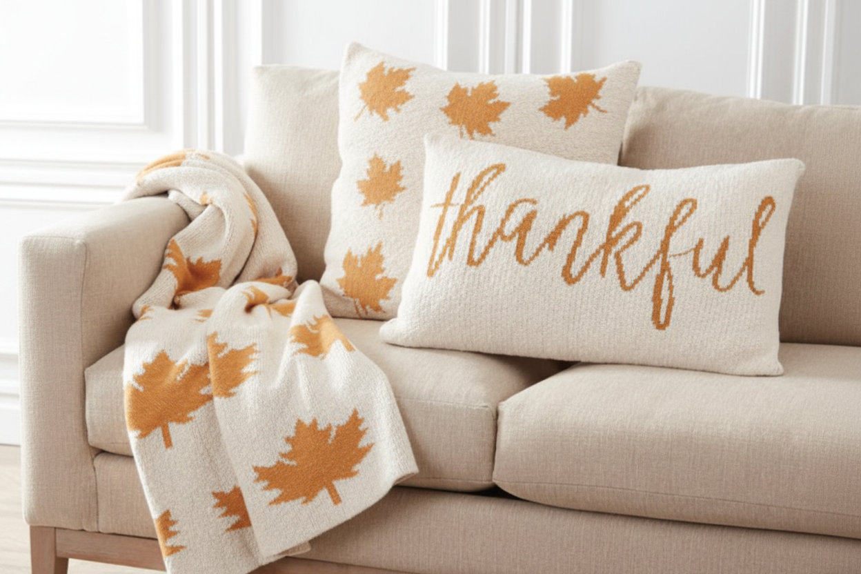 A cozy beige sofa styled with autumn-themed knit throw pillows and a matching throw blanket. One pillow features orange maple leaf patterns, another has the word 'thankful' in orange script, and the throw blanket has a matching maple leaf print.