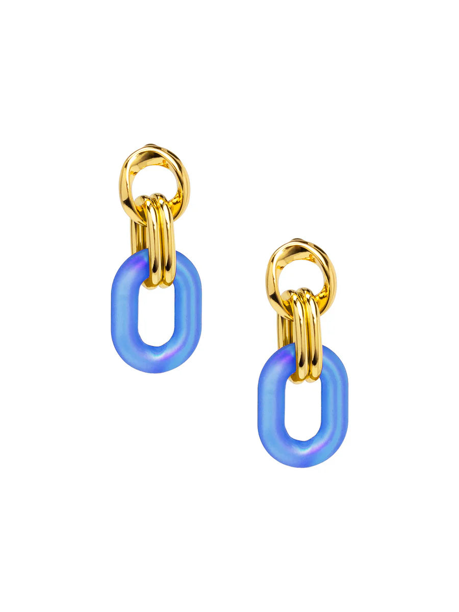 Zenzii gold drop link earrings with cobalt small resin oval.