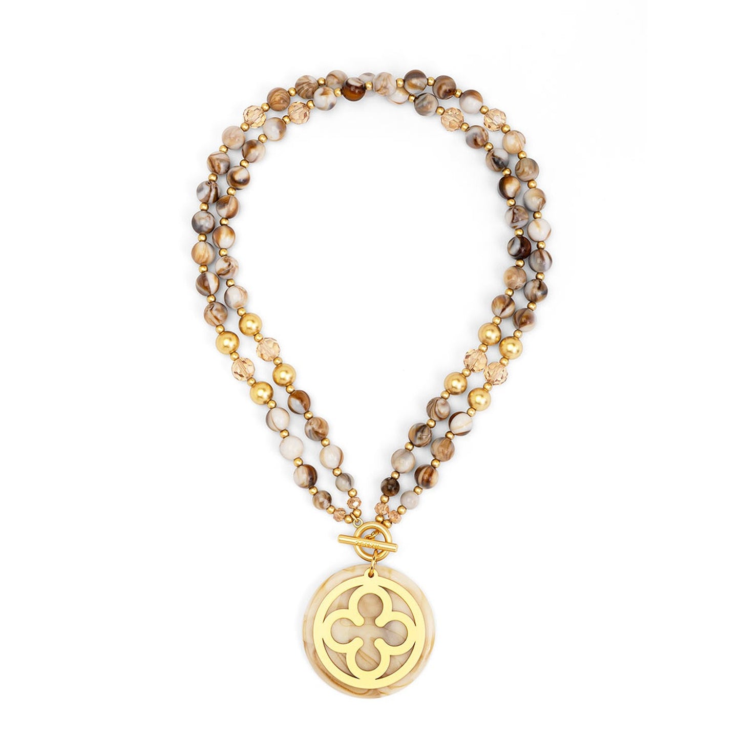 A double-strand beaded necklace with gold-toned and brown beads, featuring a gold-toned circular pendant with a cutout quatrefoil design.