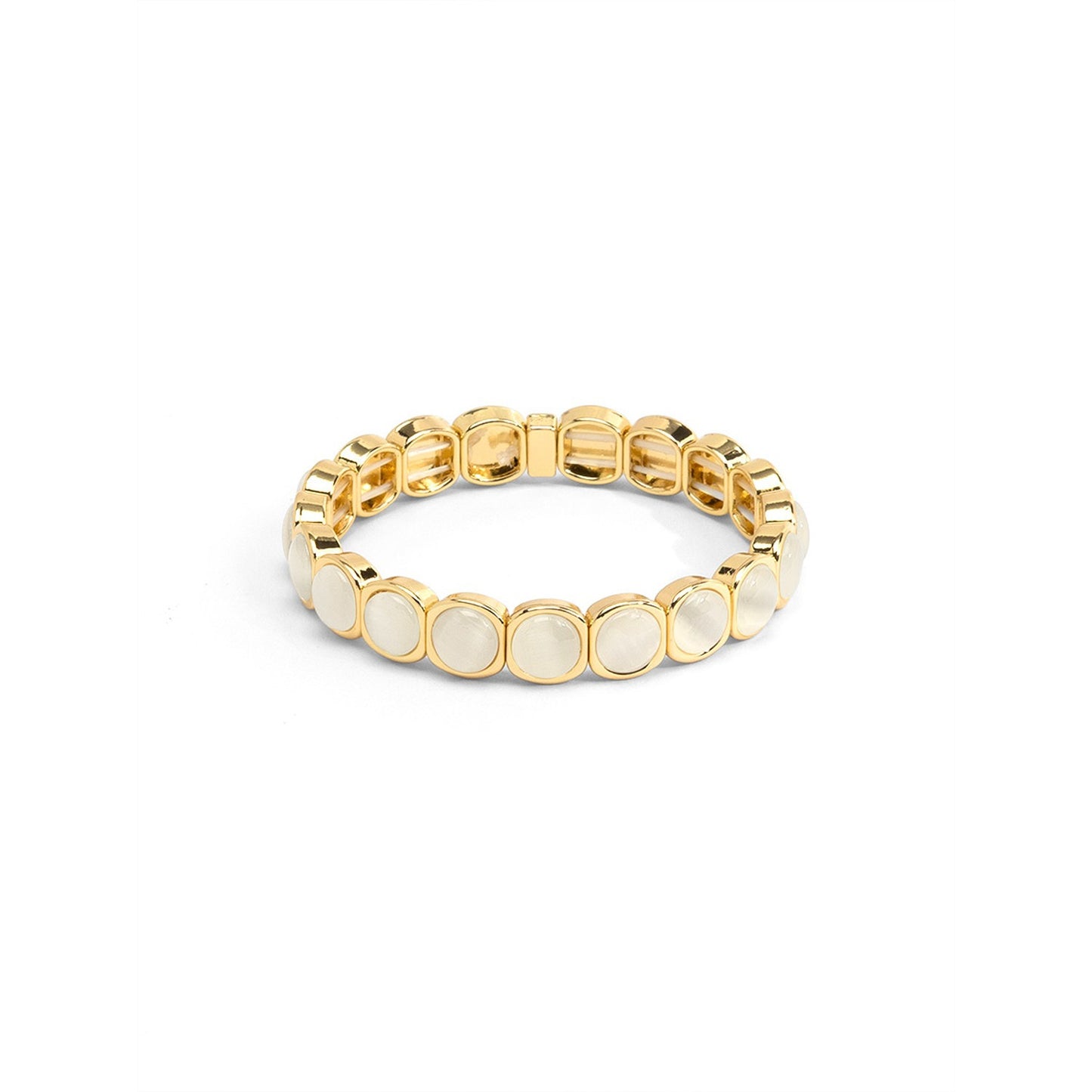 A gold-plated stretch band bracelet featuring oval white inlay stones.