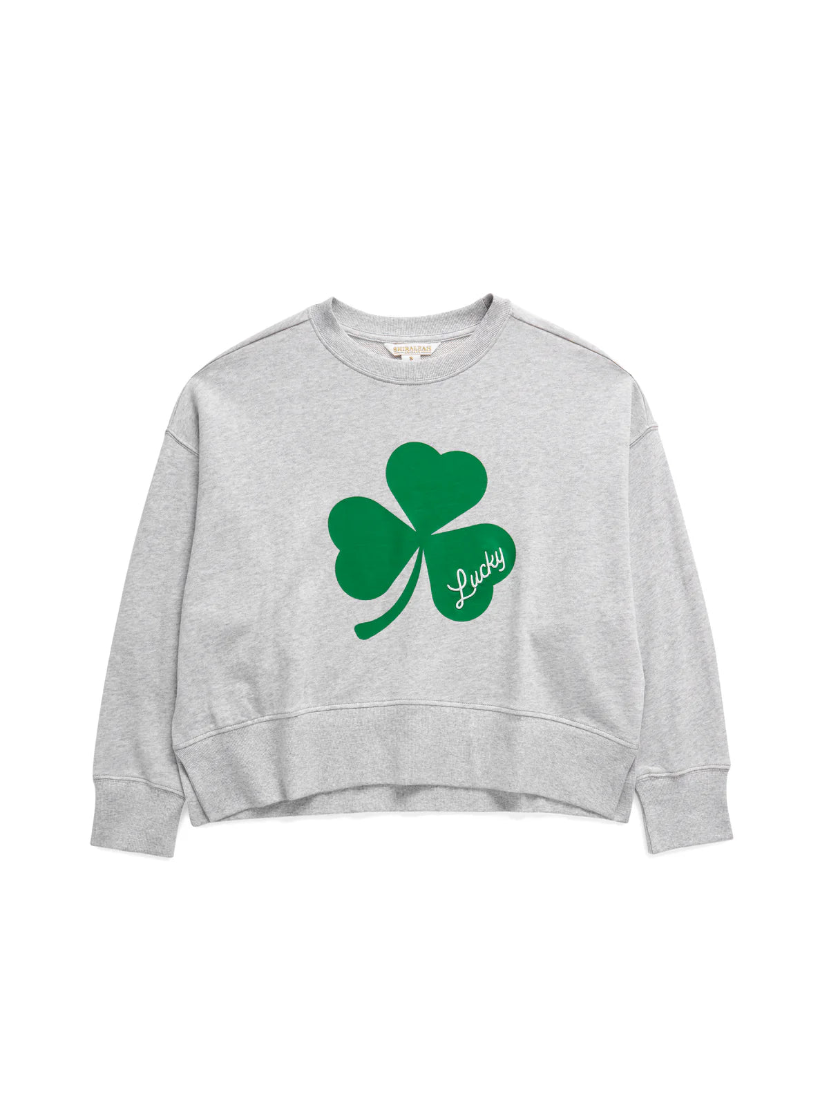 Gray sweatshirt with a green shamrock and 'Lucky' text 