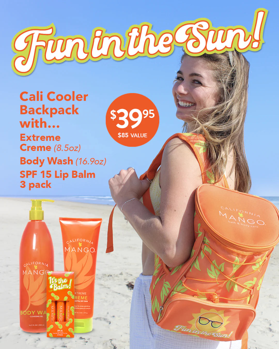 Woman with Cali Cooler Backpack and Mango products on a beach, promotional text overlay.