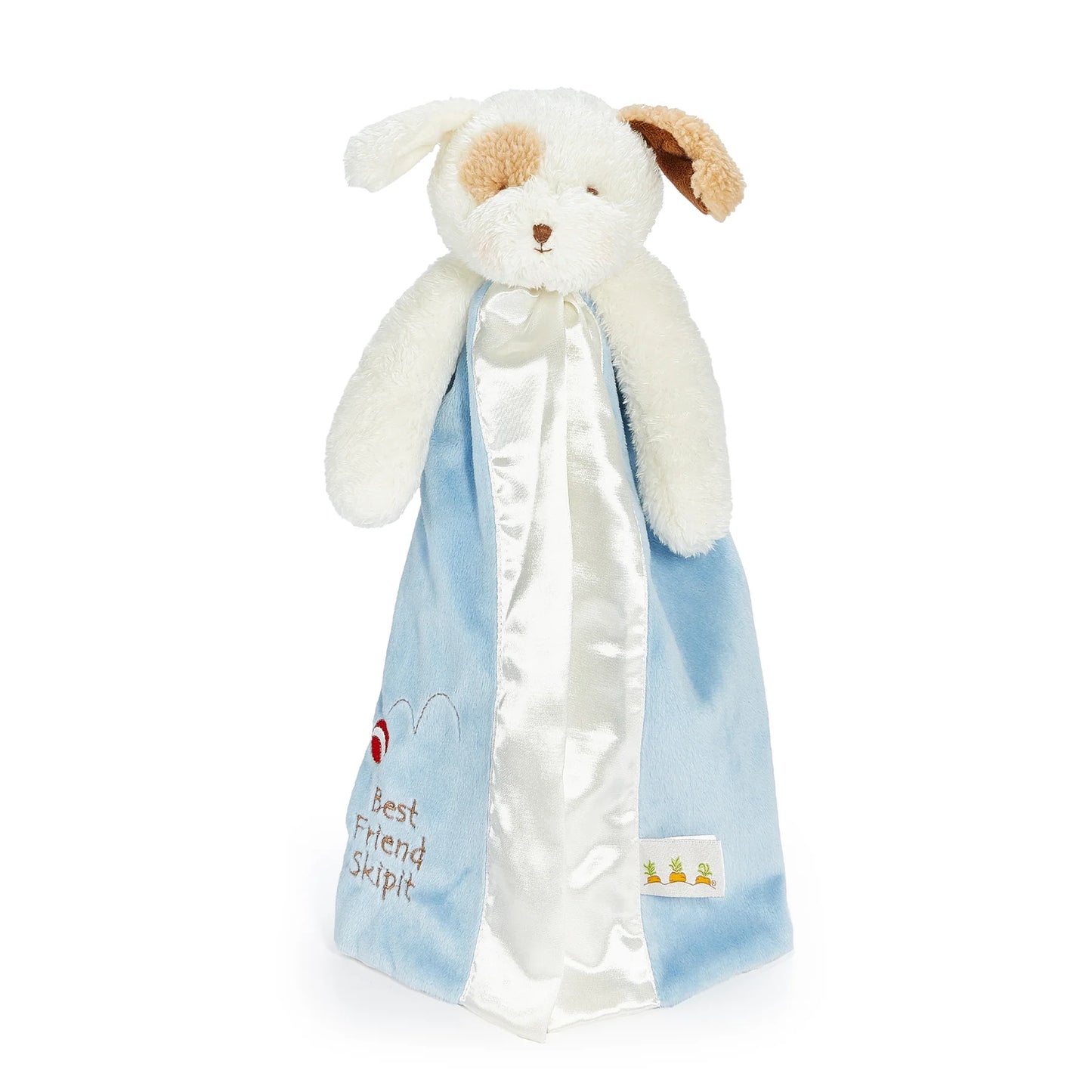 Plush dog buddy blanket with a blue velour body and 'Best Friend Skipit embroidered on the bottom