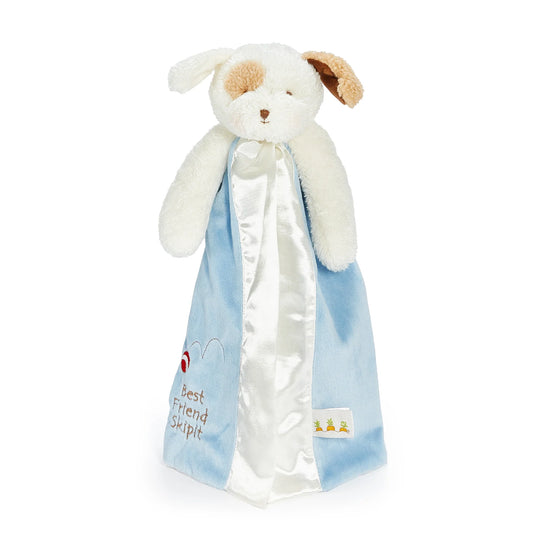 Plush dog buddy blanket with a blue velour body and 'Best Friend Skipit embroidered on the bottom