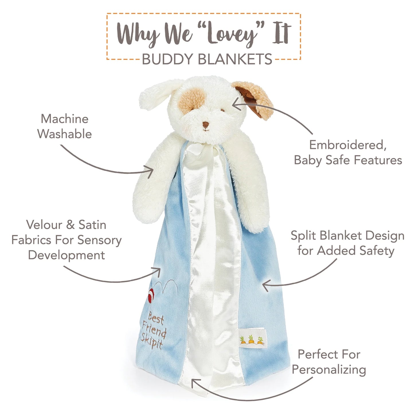 Why we lovey it buddy blankets  with dog and a blue lovey