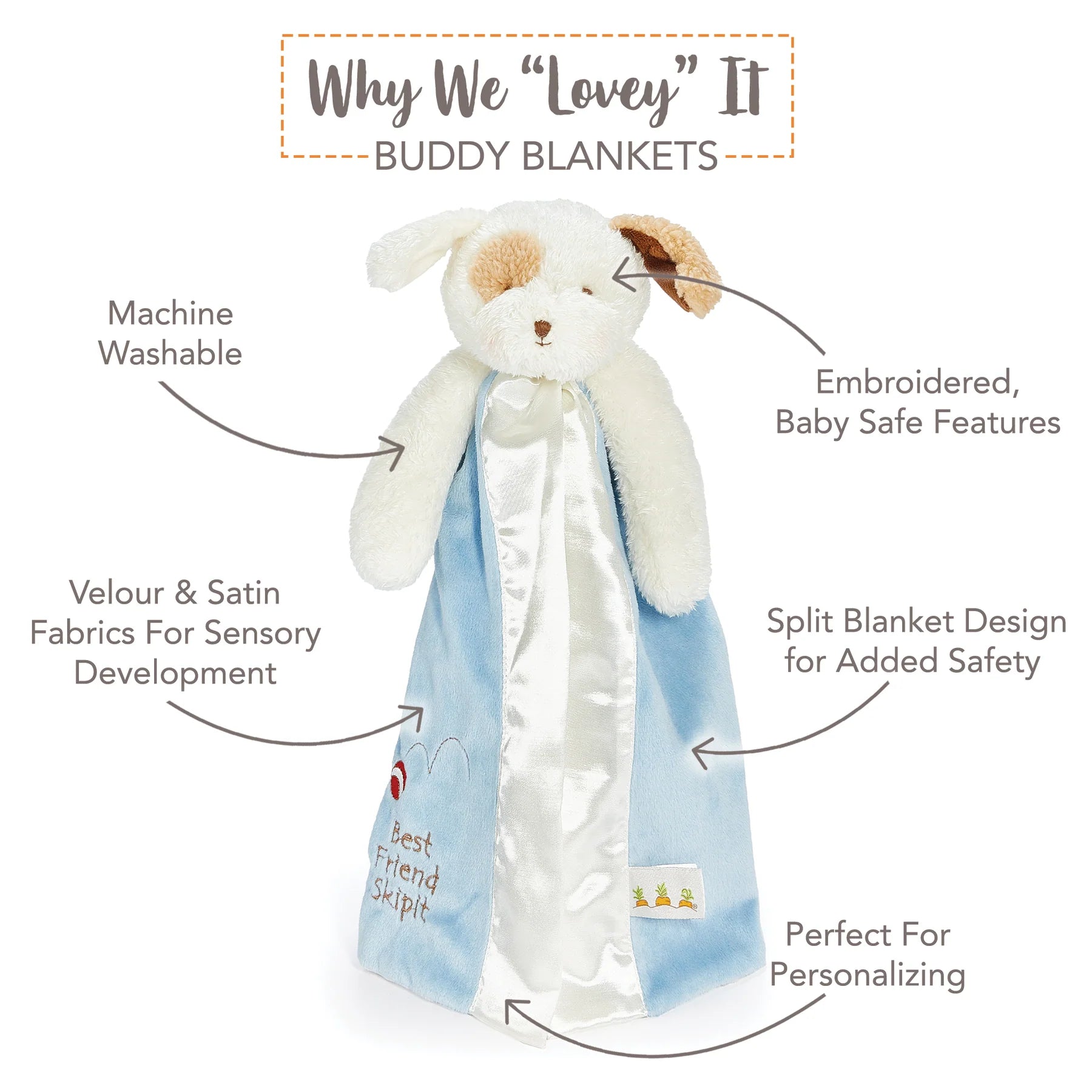 Why we lovey it buddy blankets  with dog and a blue lovey