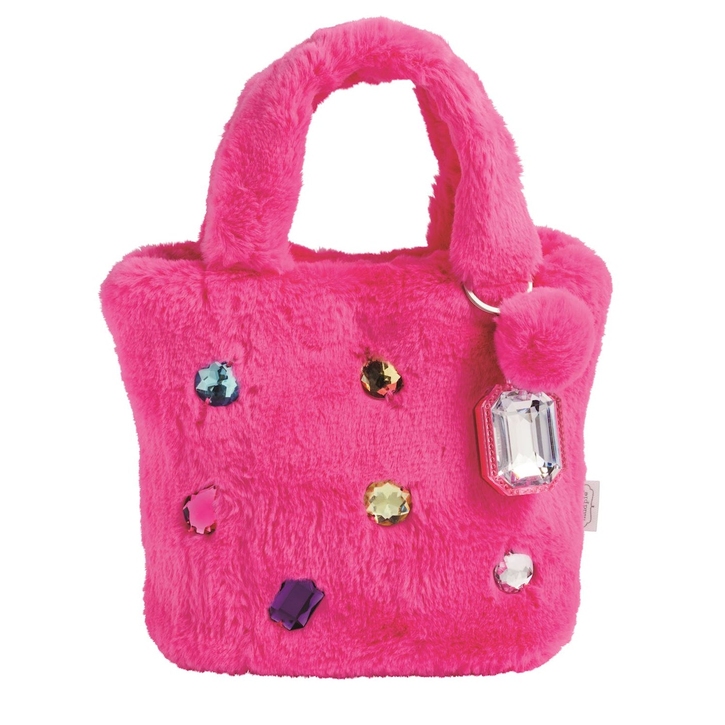 A bright pink faux fur handbag with double top handles, decorated with colorful faux gemstones and a pom-pom charm on a white background.