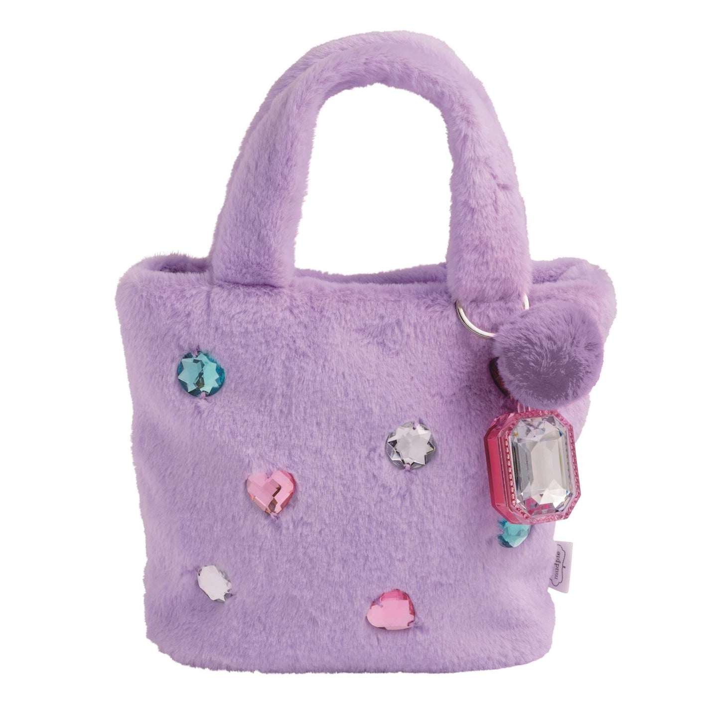 Purple plush handbag with decorative rhinestone accents
