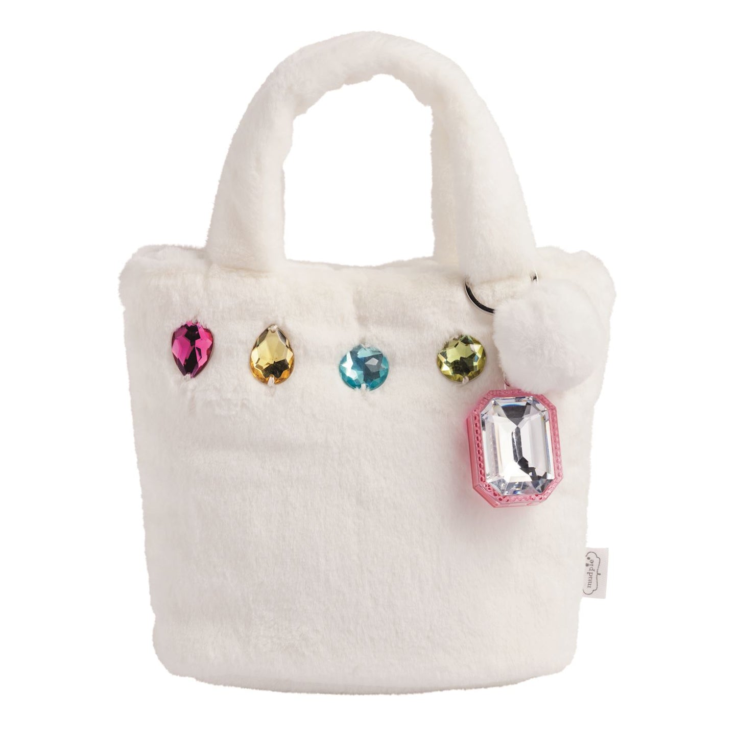 White fluffy handbag with colorful gemstone decorations on a white background