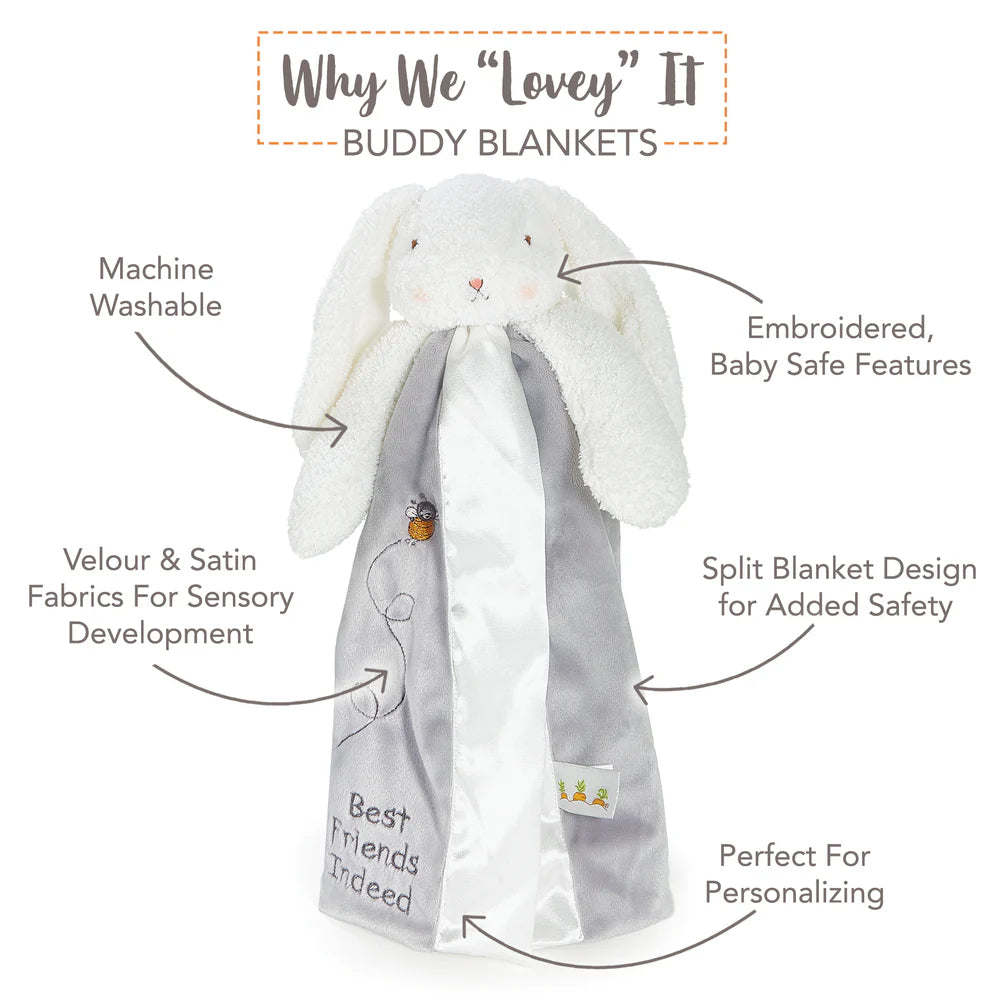 Buddy blanket with bunny design and text highlighting features on a white background