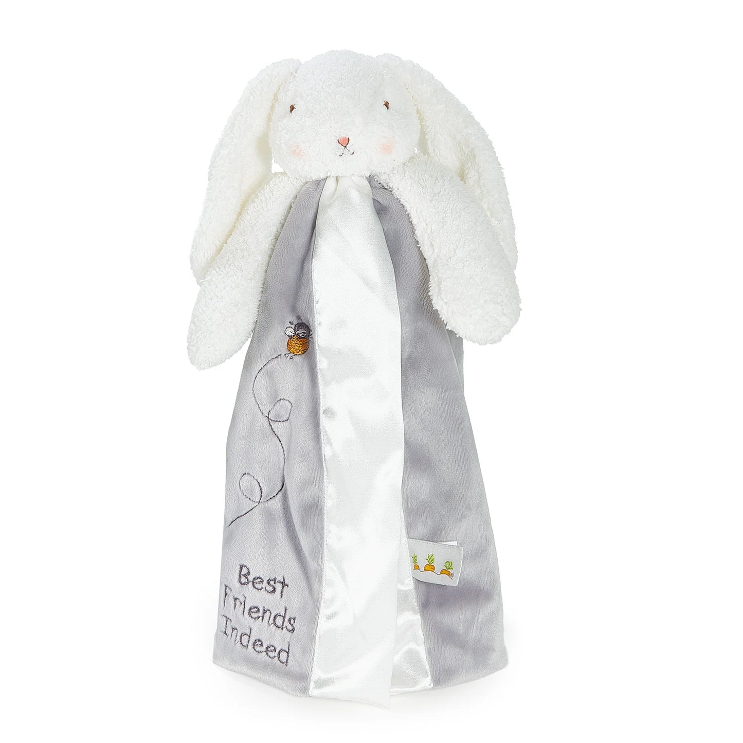 white bunny buddy blanket with a gray velour body and satin trim