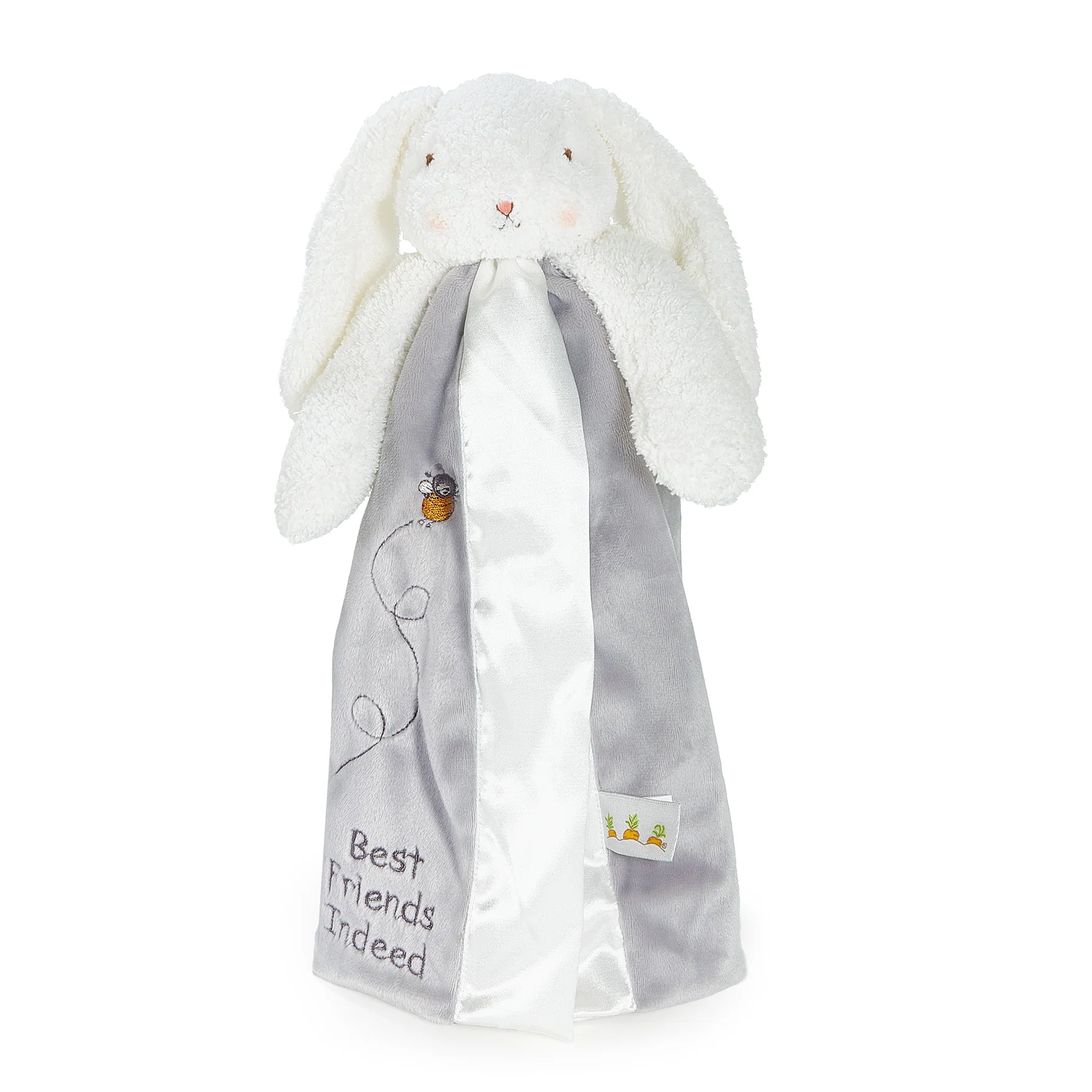 white bunny buddy blanket with a gray velour body and satin trim
