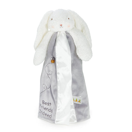 white bunny buddy blanket with a gray velour body and satin trim