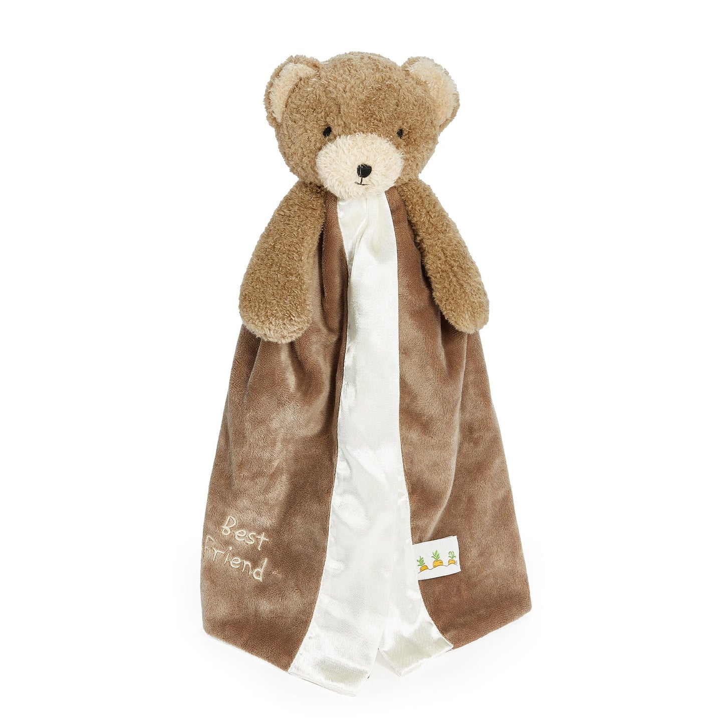 Brown bear buddy blanet with a white satin trim and 'Best Friend' embroidered on the bottom