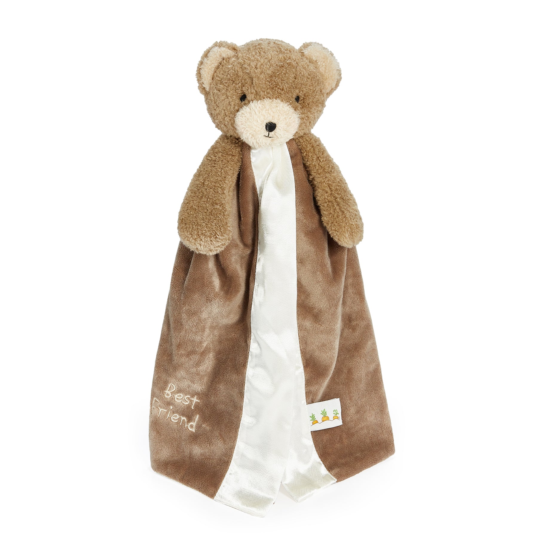 Brown bear buddy blanet with a white satin trim and 'Best Friend' embroidered on the bottom