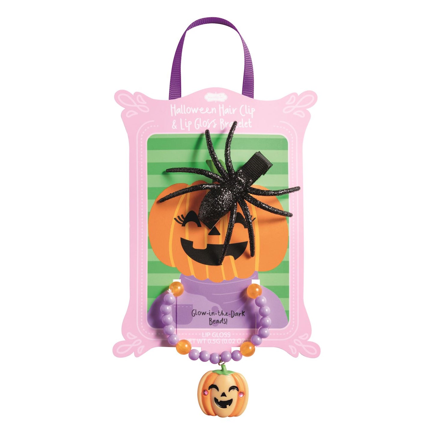 Halloween-themed lip gloss set with spider hair clip and pumpkin design on a white background