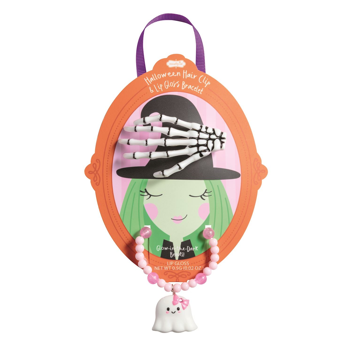 A Halloween-themed hair clip and lip gloss bracelet set. The set includes a hair clip shaped like a skeleton hand on a black hat, and a matching pink beaded lip gloss bracelet with a white ghost charm, displayed on an orange oval backing card with a purple hanging loop.
