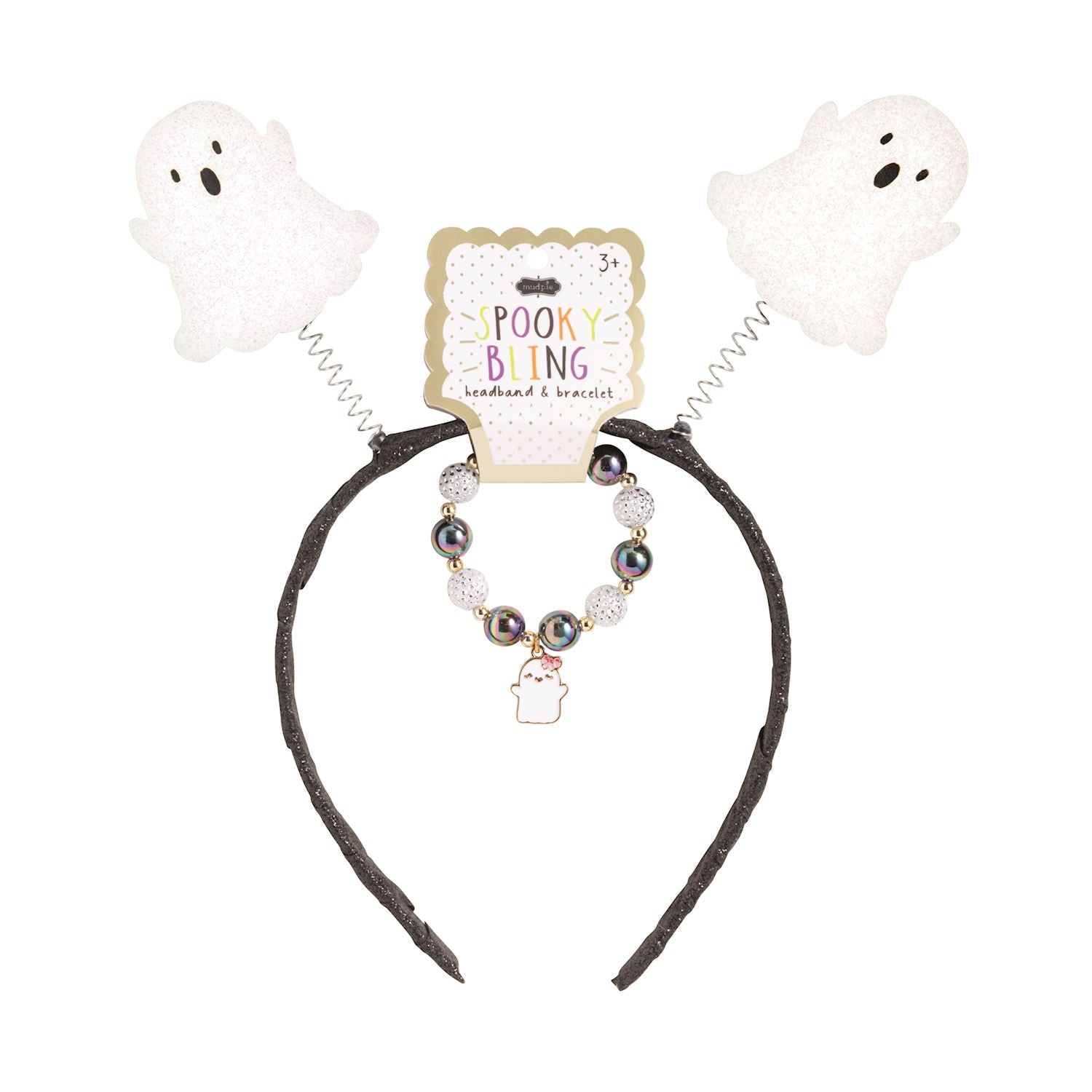 A Halloween headband featuring 2 white ghosts on springs and a beaded bracelet with a ghost charm