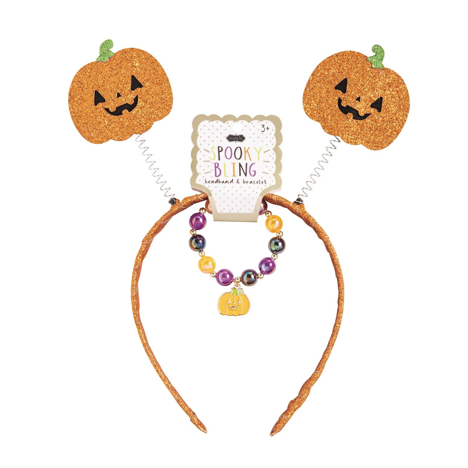Pumpkin-themed headband with two glittery orange jack-o'-lantern ears, a beaded bracelet, and a small pumpkin charm.