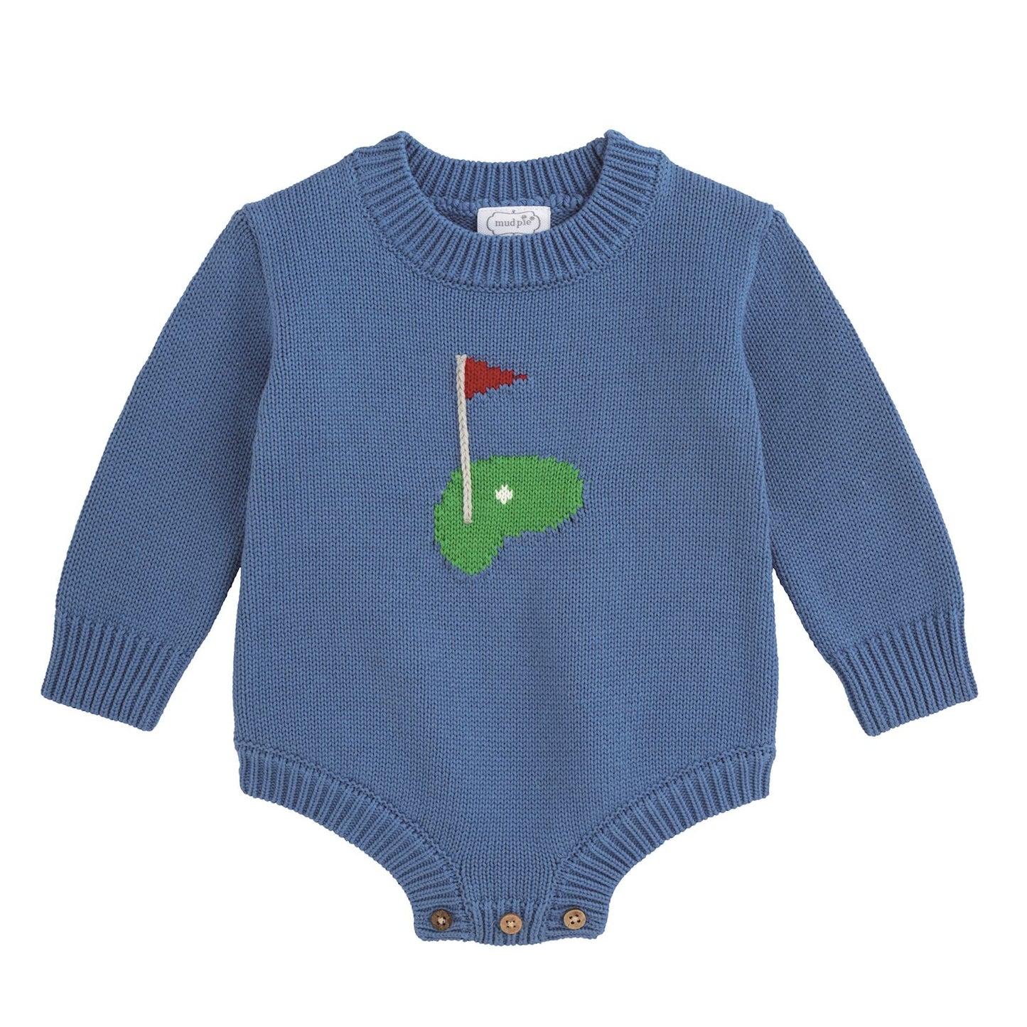 Blue knitted baby romper with golf flag and green on the front