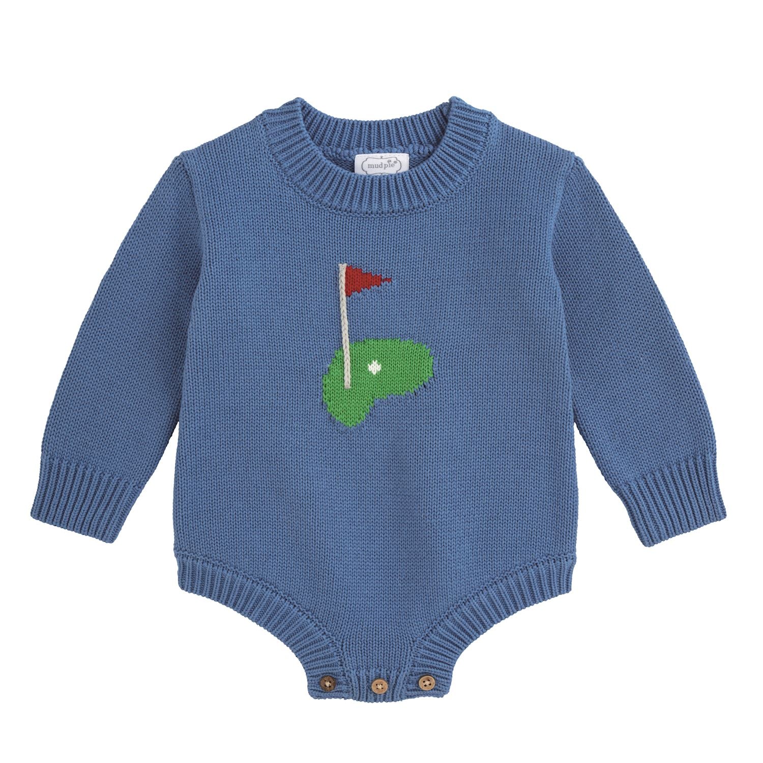 Blue knitted baby romper with golf flag and green on the front