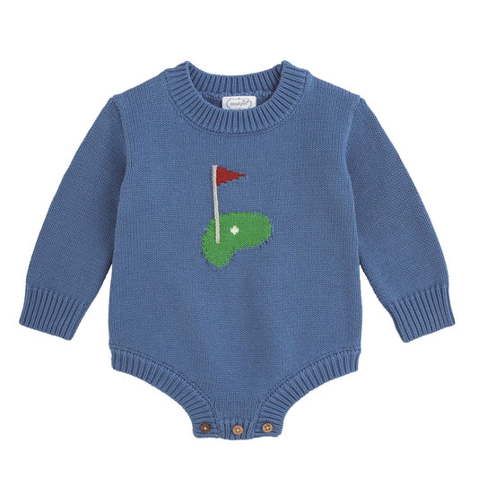 Blue knitted baby romper with golf flag and green on the front