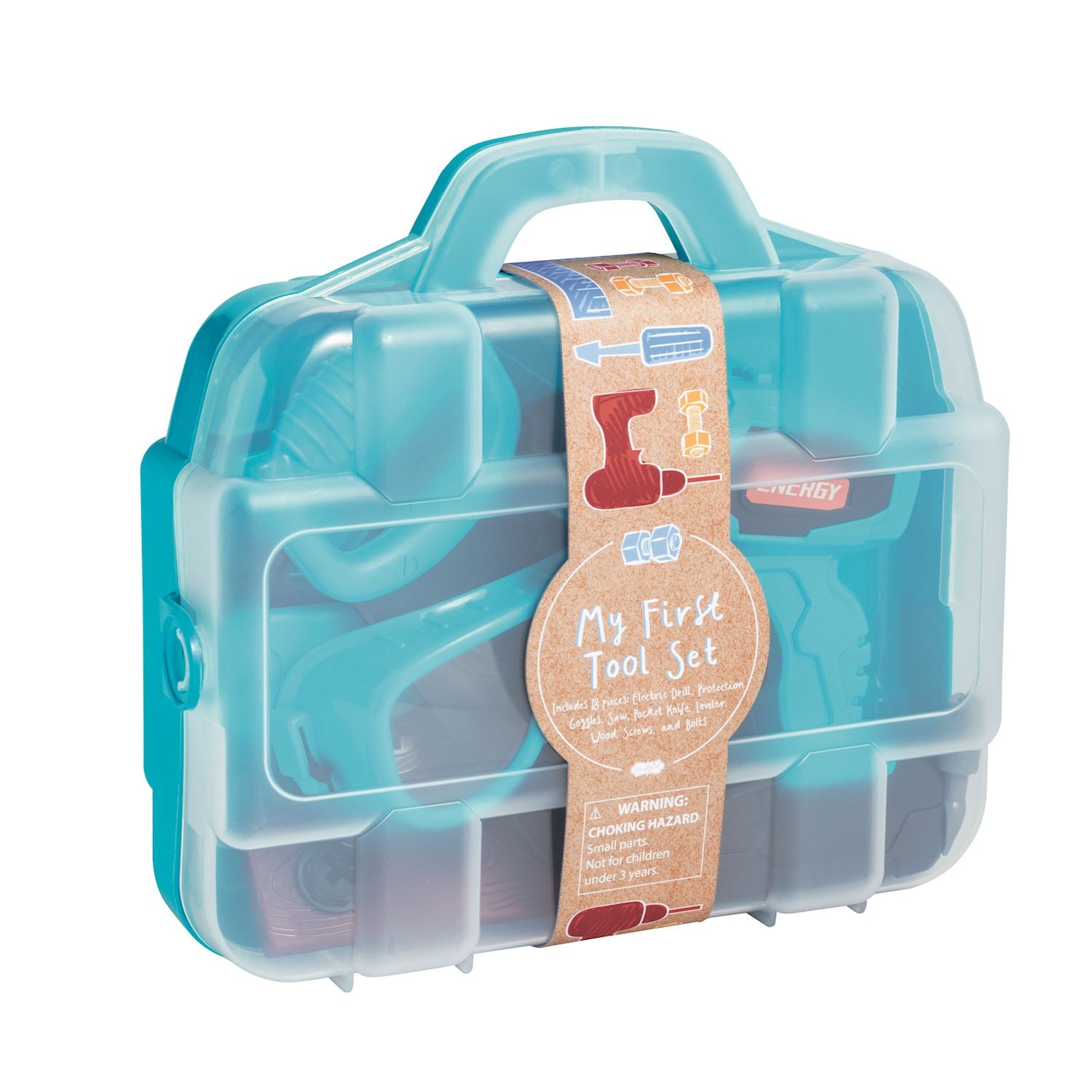 Children's toy tool set in a blue case with a label My First Tool Kit