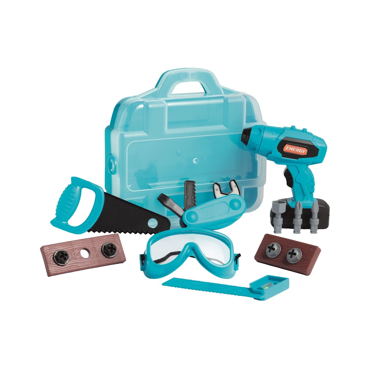 Toy tool set with a drill, saw, goggles, and other tools with a plastic carrying case