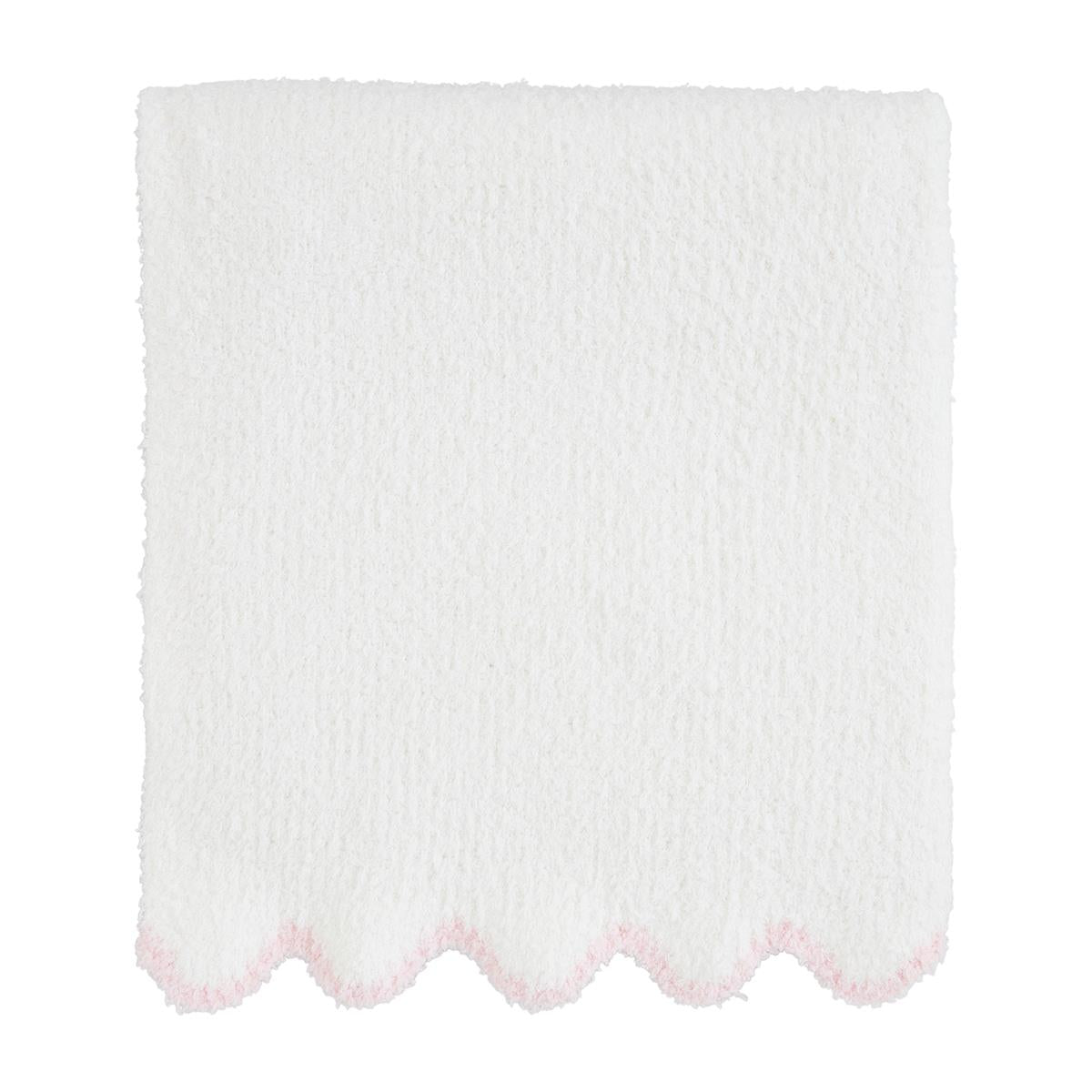 White knitted chenille blanket with pink scalloped edge 