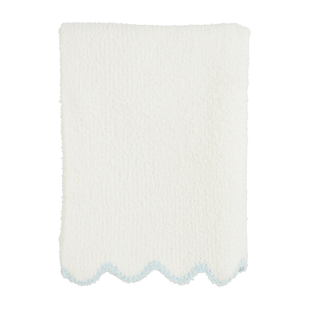 white baby blanket with a blue scalloped edge