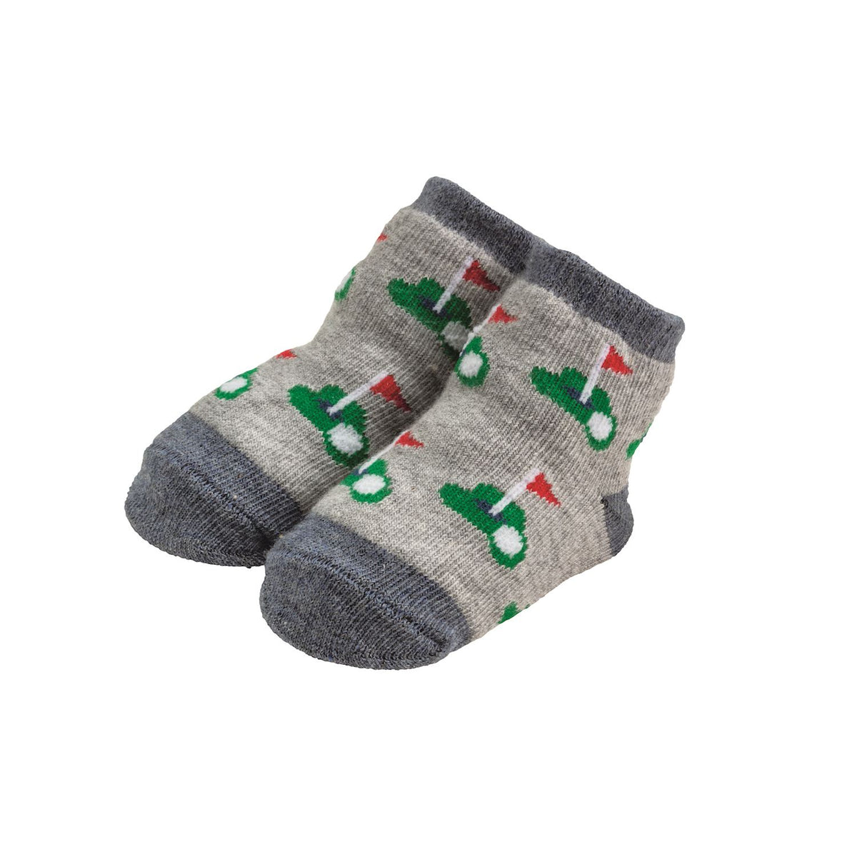 Baby gray socks with golf-themed design on a white background