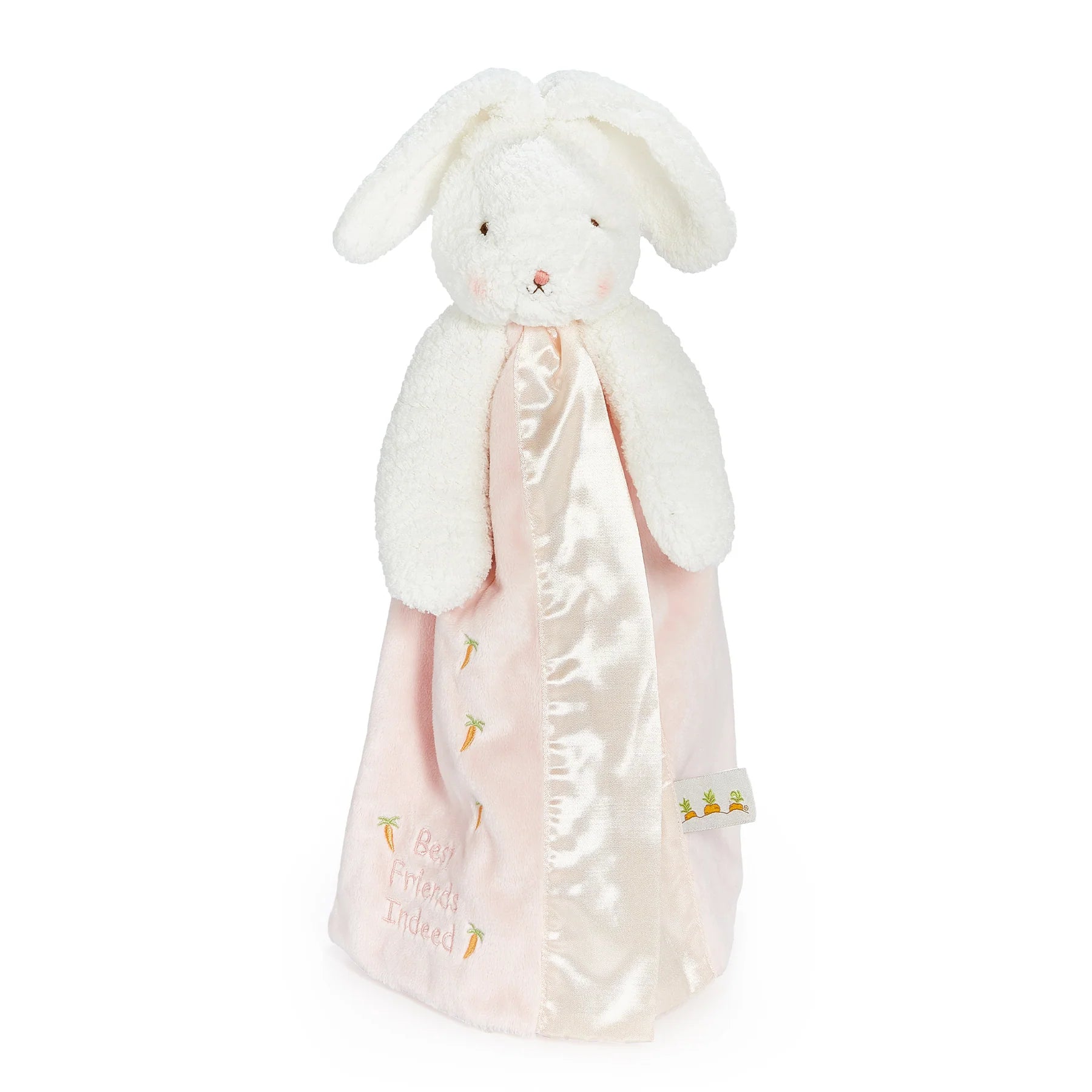 white bunny buddy blanket with a pink velour body and best friends indeed embroidered on the bottom