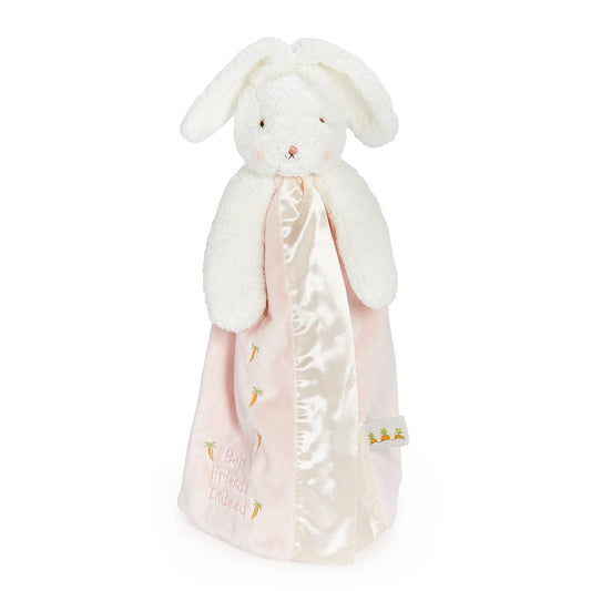 white bunny buddy blanket with a pink velour body and best friends indeed embroidered on the bottom