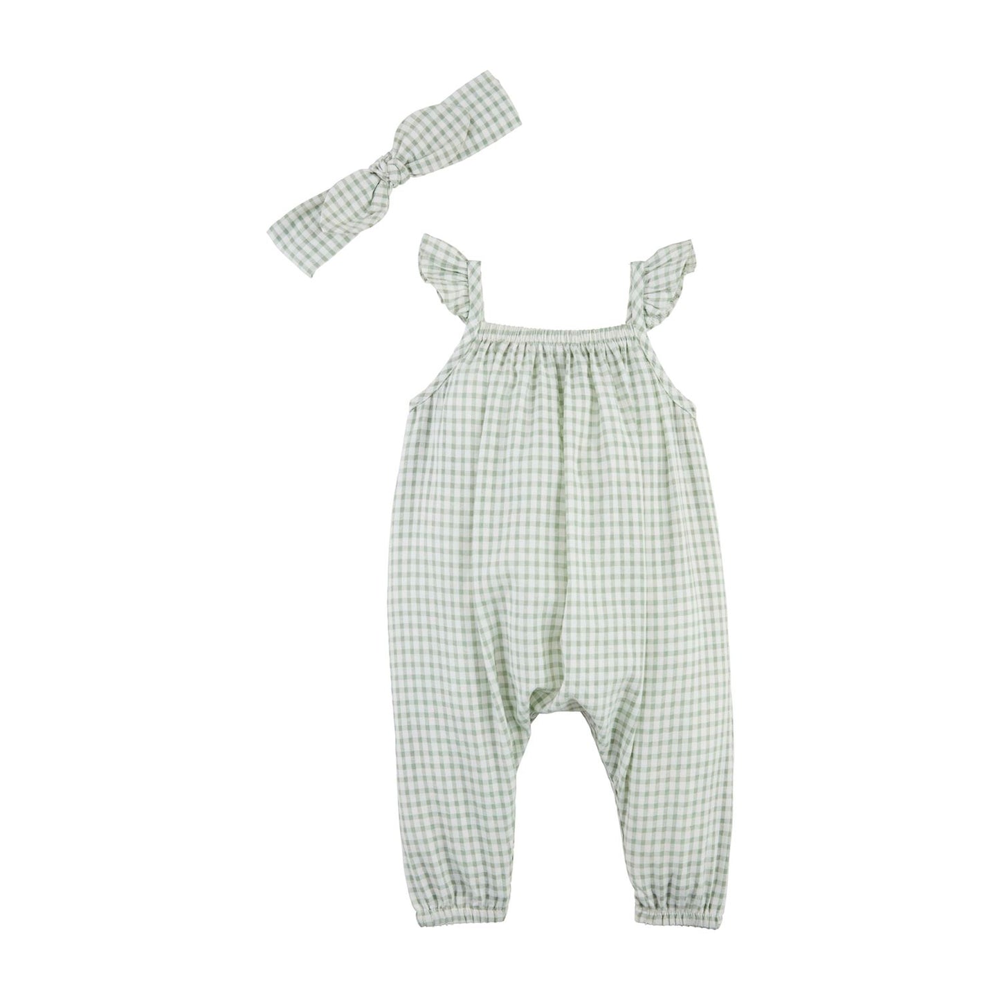 Mudpie Green Check Longall and Headband set - 9MO