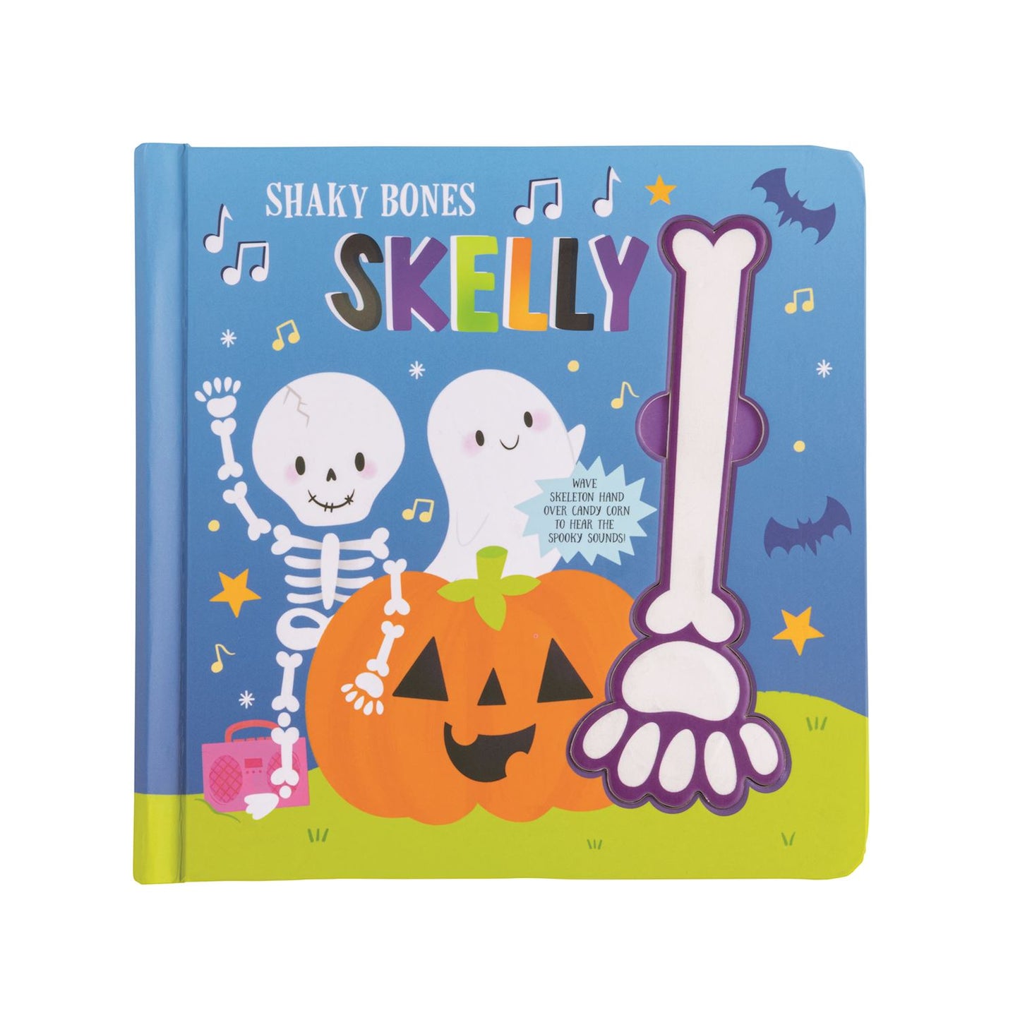 Children's book titled 'Shaky Bones Skelly' with a skeleton, ghost, and pumpkin on the cover.