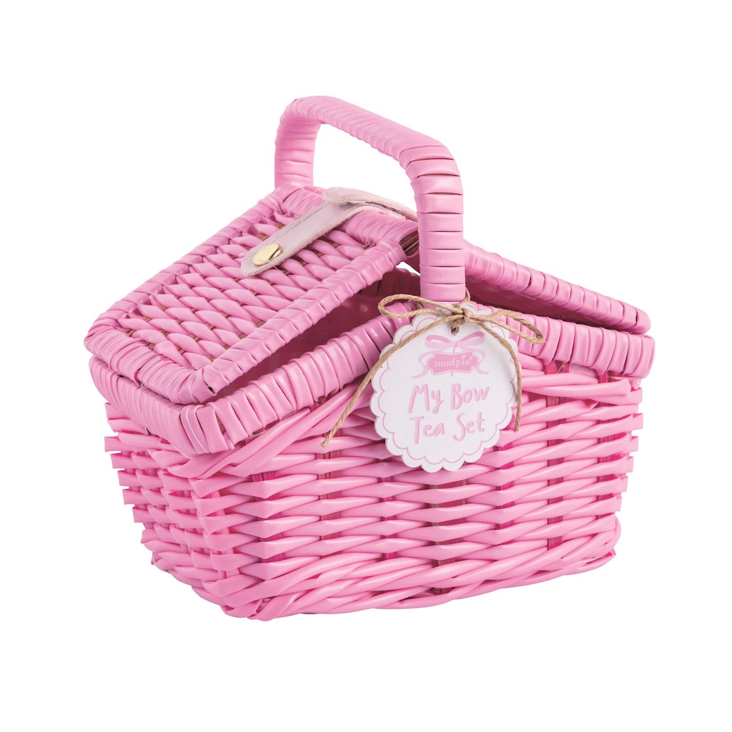 Pink wicker basket with a tag  with the text My Bow Tea Set on a white background