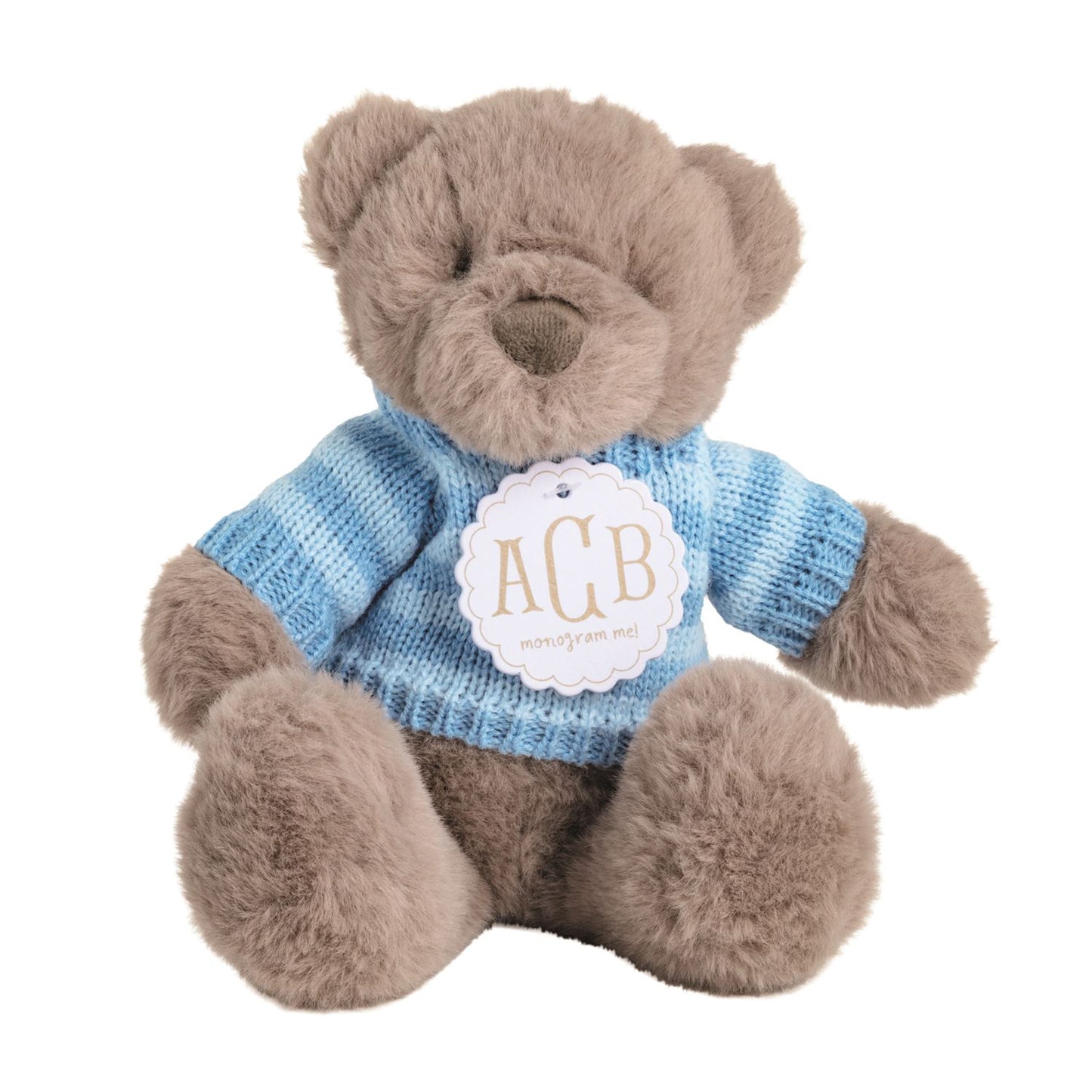 Plush teddy bear wearing a blue striped sweater 