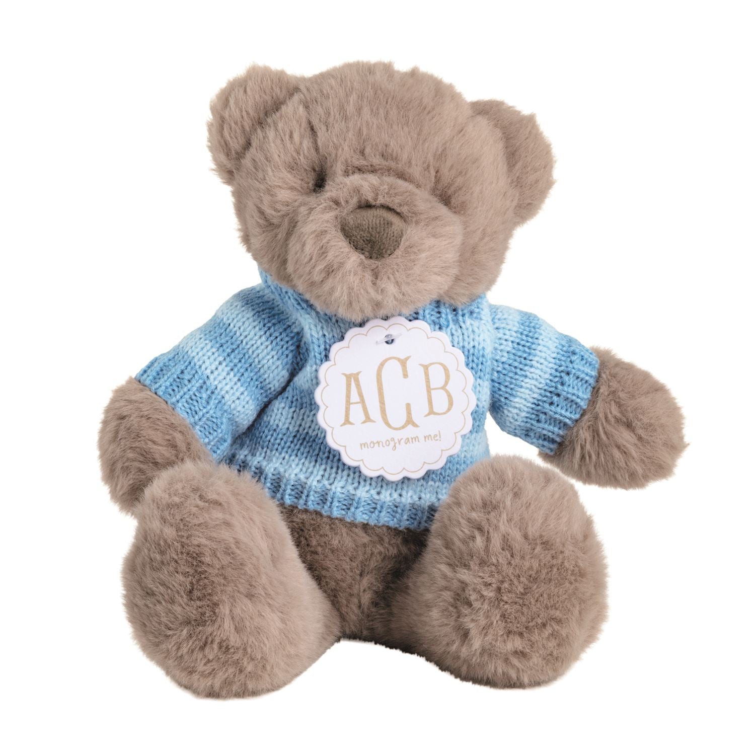 Plush teddy bear wearing a blue striped sweater 