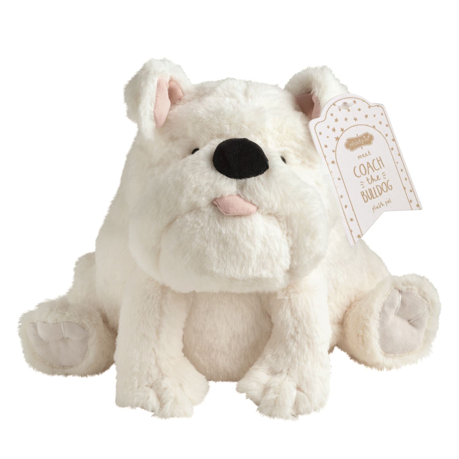 A plush white bulldog toy with a black nose, pink inner ears and tongue, and a hanging tag that reads 'COACH THE BULLDOG'.