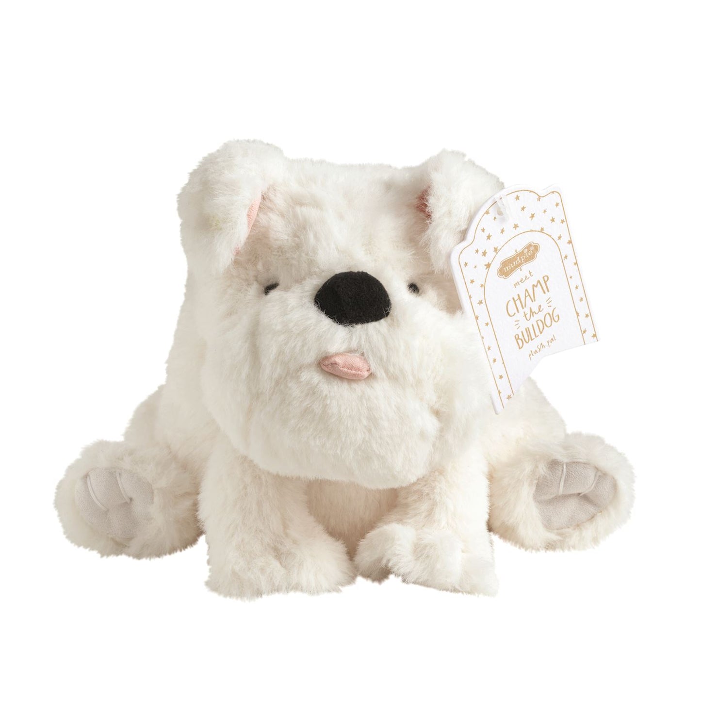 A plush white bulldog toy with a black nose, pink inner ears and tongue, and a hanging tag that reads 'Champ THE BULLDOG'.