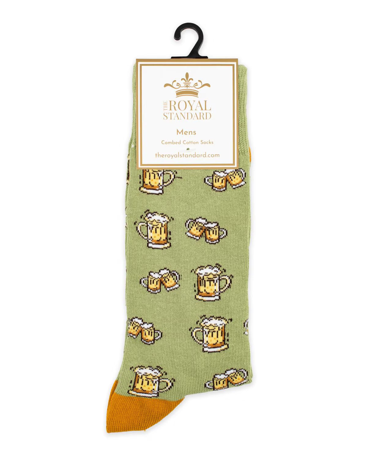 Green socks with beer mug pattern  branded 'The Royal Standard'.