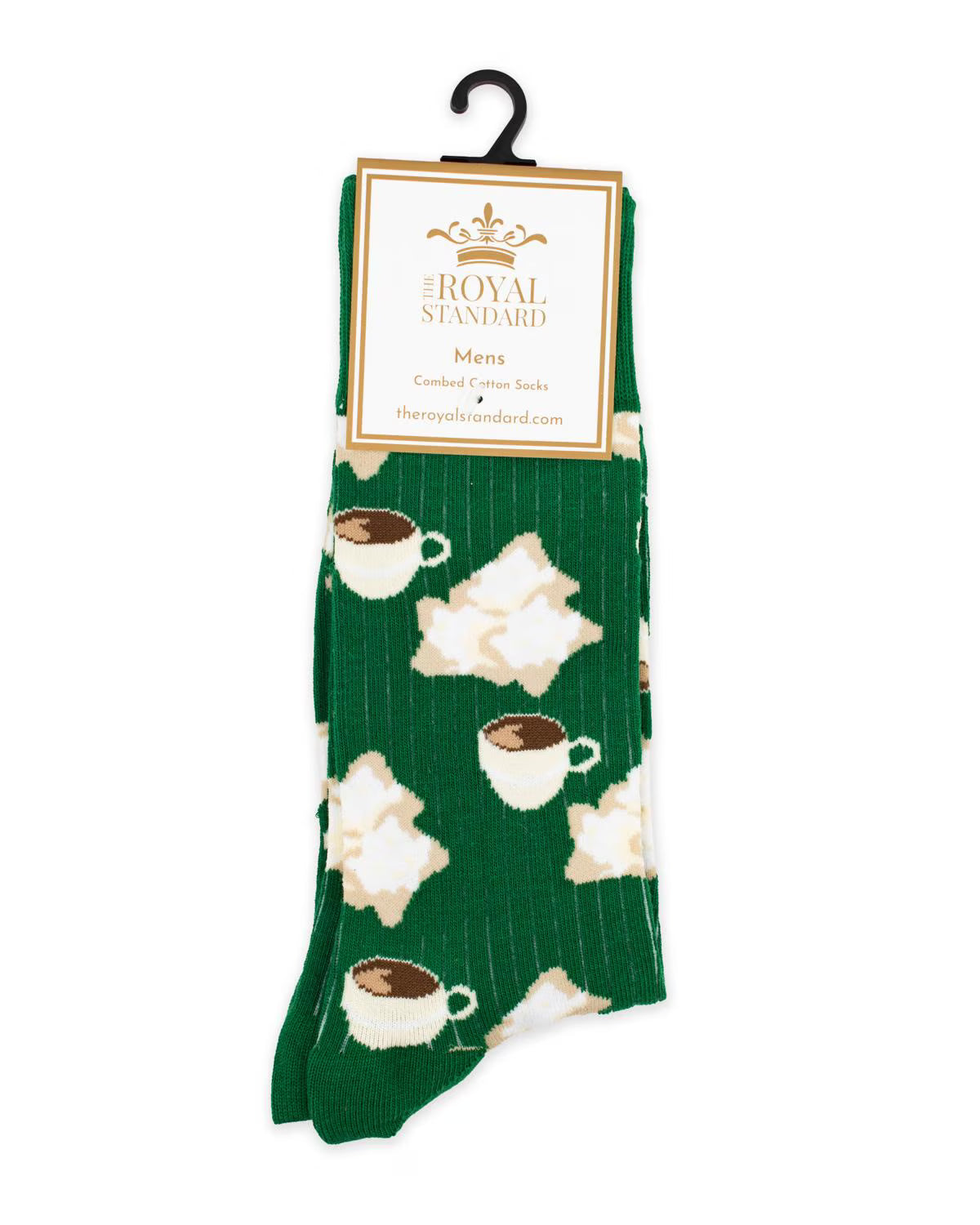 Green socks with coffee cup and beignet pattern with 'The Royal Standard' label.