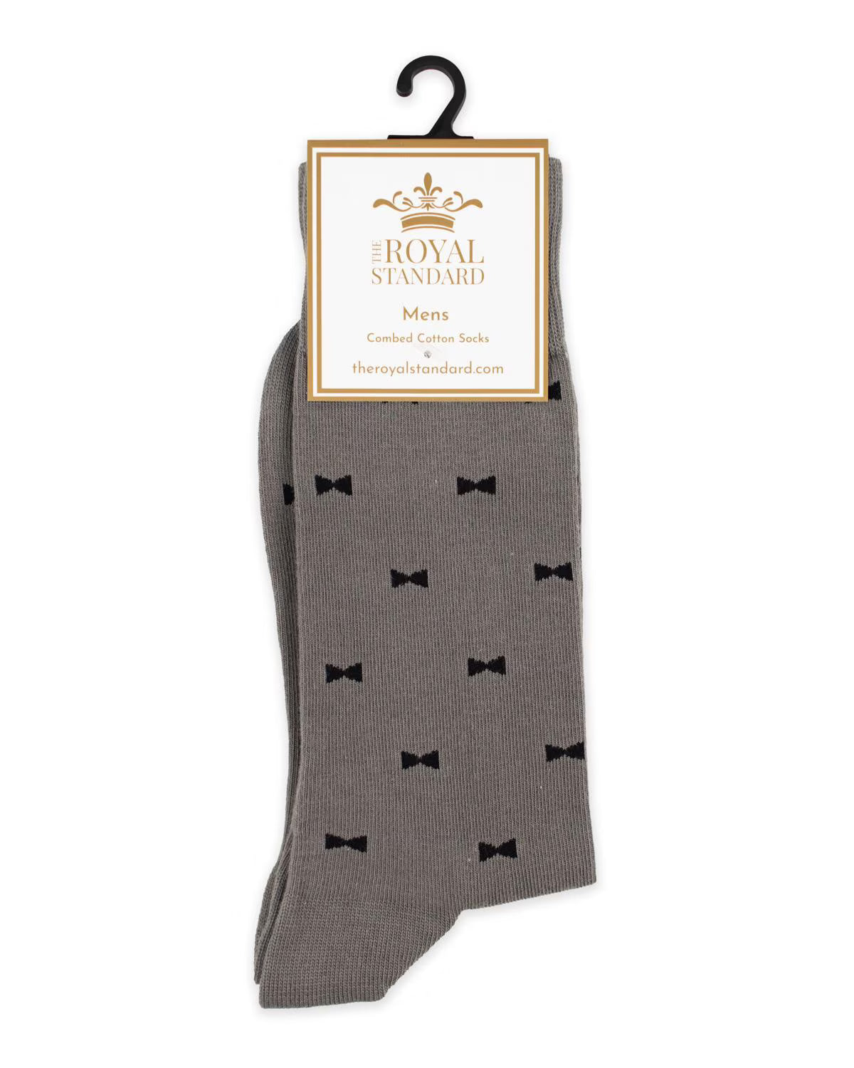 Gray socks with black bow patterns with 'The Royal Standard' label.